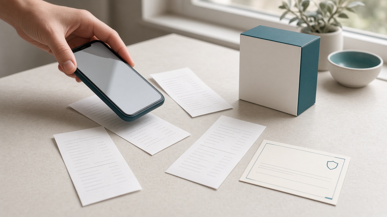 Paper receipts and a warranty card laid on a desk next to a phone